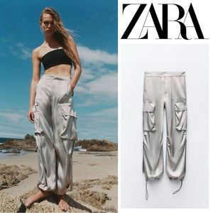 NWT ZARA Satin Cargo Silver Gray Pants Size M - LIMITED EDITION